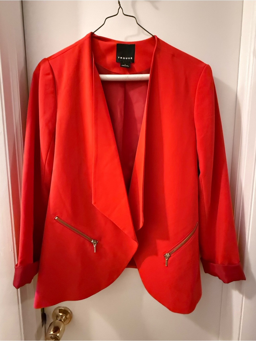 Trouvé Bright Red Open-Front Blazer with Gold Zippers
